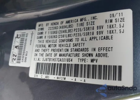 2012 Acura Rdx из США, поврежденный, VIN 5J8TB1H57CA001854